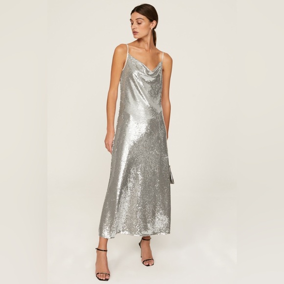 All Saints Hadley Silver Sequined Cowl Neck Sleeveless Slip Dress Size 6 - Picture 2 of 11